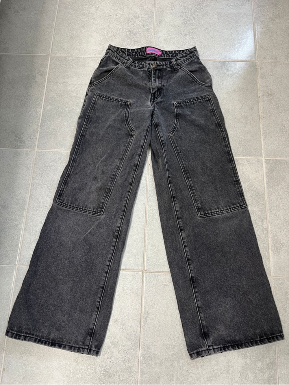 Black Wide Leg Carpenter Jeans with Front Patch Pockets